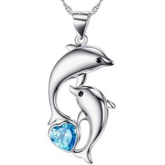 Dolphin Heart Necklace 925 Sterling Silver And Blue Crystal 18" Chain 1.5" Pendant Nib Silver Sterling Silver Heart Necklace With Birthstone, Silver Double Heart Necklace With Birthstone, Sterling Silver White Gold Heart Necklace With Birthstone, Silver Heart Necklace With Birthstone As Gift For Her, Sterling Silver Heart Necklace Stamped 925, Blue Sterling Silver Necklace For Her, Silver Sterling Silver Necklace With Heart Cut, Blue Sterling Silver Necklace Perfect For Her, Silver Sterling Heart Cut Necklace