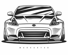 the front end of a car in black and white, with stripes on it's hood