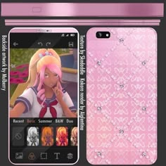 an image of a pink cell phone case with anime characters on it and the back cover