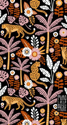 a leopard and flowers pattern on a black background with the words wild things in pink, orange