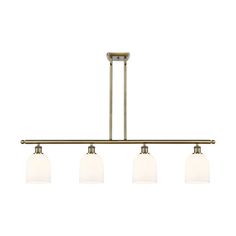 a light fixture with three white glass shades on the bottom and two brass bars at the bottom