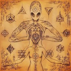 a drawing of a person sitting in the middle of a body with many symbols around it