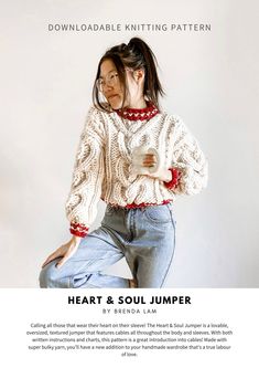 Heart and Soul Jumper PDF Digital Download Knit Cable Sweater Pattern Chunky Knit Oversized Pullover Heart Sweater Seamless - Etsy Cable Sweater Pattern, Cable Knit Sweater Pattern, Wool And The Gang, Chunky Cable Knit Sweater, Super Chunky Yarn, Super Bulky Yarn, Handmade Wardrobe, Heart Sweater