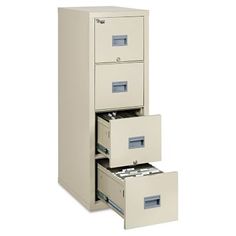 three drawer file cabinet with two open drawers on each side and one closed drawer in the middle