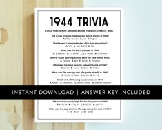 a poster with the text, 1934 trivia instant answer / answer key included on it