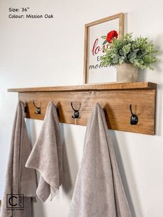 towels are hanging on the wall with hooks and towel racks in front of them, along with a potted plant