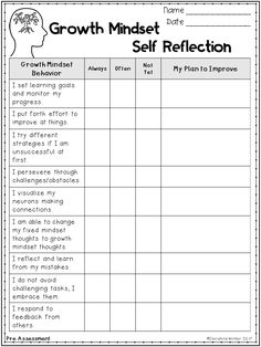 the growth minds self reflection worksheet is shown in black and white with text