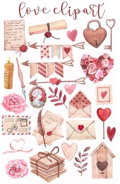 watercolor illustration of love letters, envelopes and other items with words on them