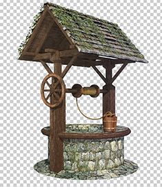 an old fashioned water pump with moss growing on the roof, and a hose attached to it