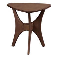 a small wooden table with two legs and a circular top, on an isolated white background