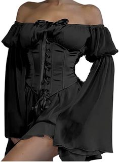 VnimVinter Women Off Shoulder Mesh Mini Dress Long Puff Sleeve Big Bell A-line Swing with Sleeveless Lace Up Bustier Corset (Pink Dress, Small), Pink Dress(no Corset) at Amazon Women’s Clothing store Black Suit Dress, Black And White Suit, Causal Dresses, European Dress, Pink Corset, Flare Sleeve Dress, White Corset, Vintage Flare, Bustier Dress