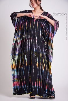 Colorful Black Tie Dye Kaftan CKF35 Beach Kaftan Holiday | Etsy Egypt Multicolor Long Sleeve Abaya For Vacation, Bohemian Oversized Maxi Dress, Oversized Bohemian Maxi Dress, Oversized Maxi Dress For Festivals, Summer Festival Maxi Length Abaya, Oversized Bohemian Maxi Abaya, Oversized Maxi Festival Dresses, Multicolor Long Abaya For Spring, Bohemian Multicolor V-neck Thobe