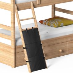 the bunk bed is made with wood and has a black mat on top of it