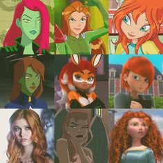 the many faces of disney princesses from different eras to their respective characters, all with red hair and green eyes