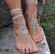 This listing is for one anklet. Beautiful macrame anklet. You can wear it alone or in combination with the barefoot sandals available in my shop (picture 2, 3 and 7) https://www.etsy.com/listing/509547430/silver-fairy-mandala-barefoot-sandals?ga_search_query=silver+fairy&ref=shop_items_search_2 This anklet is made with waxed polyester cord, tibetan silver beads and charms and czech seed beads. They close with a lobster claw and on the other side a small chain allows to adjust the length of t Handmade White Bohemian Barefoot Sandals, White Handmade Bohemian Barefoot Sandals, White Bohemian Handmade Barefoot Sandals, Adjustable Bracelets For Summer Weddings, White Bohemian Barefoot Sandals With Ankle Wrap, Bohemian Bracelets For Summer Weddings, Bohemian Summer Wedding Bracelets, Summer Wedding Bohemian Bracelets, Silver Beaded Anklets For Festival