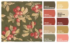 the color scheme for this wallpaper is green, red and yellow with apples on it