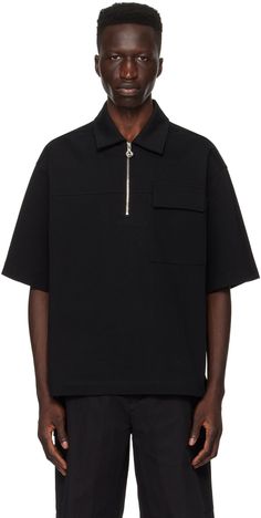 Cotton jersey polo. · Spread collar · Half-zip closure · Flap pocket · Vented side seams Supplier color: Black Black Half-zip Top With Pockets, Black Short Sleeve Polo Shirt With Pockets, Polo Zipper, General Outfit, Zip Up Polo, Polo Outfit, Zip Polo, Plain Black, Mens Polo Shirts