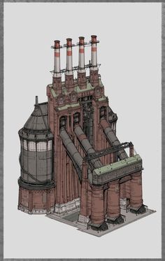 a drawing of a large building with pipes coming out of it's chimneys