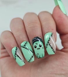 Bride Of Frankenstein Nails Art, Halloween Rhinestone Nails, Tombstone Nails, Mothman Nails, Western Halloween Nails, Ems Nails, Frankenstein Nail Art, Ghost Nail Designs, Frankenstein Nails