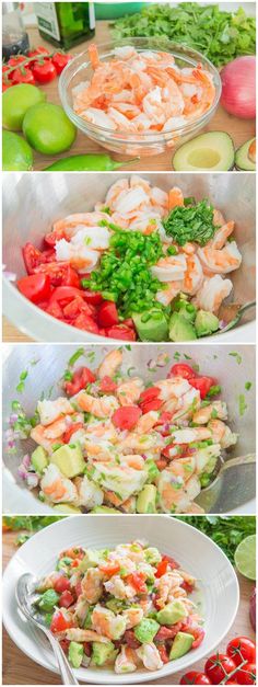 the process of making shrimp salad with tomatoes, cucumbers and celery