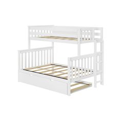 a white bunk bed sitting next to a wooden drawer on top of a mattress frame