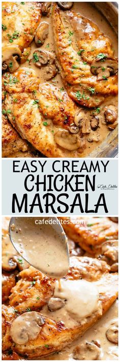 chicken with mushrooms and gravy in a pan