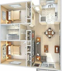 an overhead view of a two bedroom, one bath apartment with living room and kitchen