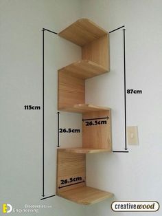 three wooden shelves on the wall with measurements for each shelf and height to fit them