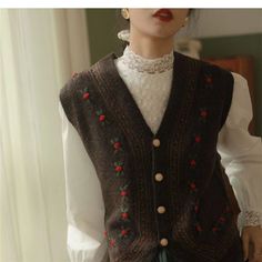 Fashion V-neck Embroidered Knitted Retro Casual Sweater Vest 1-One size Knitted Sleeveless Vest, Vest Streetwear, Streetwear Harajuku, Harajuku Clothes, Graphic Embroidery, Cottagecore Clothes, Vest Sweater, Embroidery Sweater, Chic Shirts