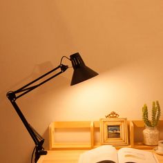 an open book sitting on top of a desk next to a lamp and potted plant