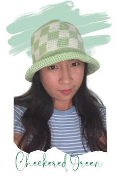 a woman wearing a green hat and striped shirt