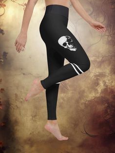 Black leggings with skulls on the thighs, perfect for gothic workout gear or casual alt fashion. Comfortable, durable, and designed for an edgy, bold look. Shop gothic activewear from Great Wicked Dark! GRAPHIC PRINTING Our black leggings with skulls on the thighs feature high-quality, professionally printed designs. The dark fabric creates a sleek, gothic look, while the skulls add an edgy, alternative vibe--perfect for those who embrace alt fashion in their workout gear. CARE INSTRUCTIONS To k Skull Leggings, Gothic Looks, Fitness Activewear, Dark Fabric, Fitness Wear, Black Skull, Fashion Comfortable, Alt Fashion, Black Skulls