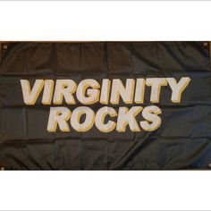 a black flag with the word virginia rocks on it's side and gold lettering