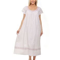 This soft 100 percent cotton poplin nightgown for women from Alexander Del Rossa is comfortable, durable, and classy. Made from a premium 100% cotton fabric, this women's vintage looking nightgown is breathable and easy on the skin. Designed with you in mind, this victorian nightgown is perfect for lounging around the house - even when guests are present. Cotton lace trim adorn the neckline and narrow lace trim the short sleeve cuffs. Front and back both gathered flowing into a long A-line gown Elegant Cotton Nightgown For Bedtime, Feminine Cotton Nightgown For Loungewear, Elegant Cotton Nightgown For Spring, Classic Cotton Nightgown For Sleep, Elegant Cotton Nightgown For Daywear, Elegant Short Sleeve Nightgown For Bedtime, Feminine Lace Trim Nightgown For Overnight, Cotton Nightgown With Lace Trim For Bedtime, Feminine Cotton Nightgown For Overnight