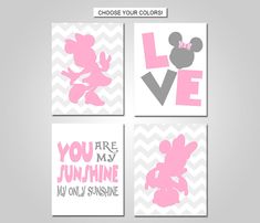 three pink and gray wall art prints featuring minnie mouse, you are my sunshine, i love you