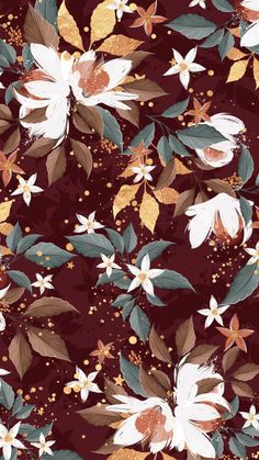 a floral pattern with white flowers and green leaves on a brown background, in shades of red