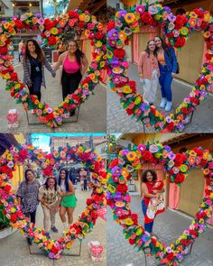 collage of heart shaped paper flowers on display in front of storefronts and people