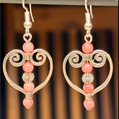 New Pink Chalcedony Bead & Silver Heart Dangling Earrings With 925 Silver Ear Wire Hooks. Earrings Are 1 3/4 Inches Long From Top Of Hooks To Bottom Of Pendants. Elegant Adjustable Heart Beads Earrings, Elegant Heart-shaped Earrings With Dangling Beads, Elegant Heart-shaped Beaded Earrings For Gift, Elegant Heart-shaped Jewelry With Dangling Beads, Silver Heart Beads Metal Earrings, Silver Metal Earrings With Heart Beads, Silver Heart-shaped Beaded Jewelry, Elegant Silver Beads Jewelry For Valentine's Day, Elegant Silver Beaded Jewelry For Valentine's Day