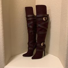 Just Fab Thigh High Burgandy Boots Size 7 Beautiful Boots New In Box Just Fab Boots, Felt Boots, Burgundy Boots, Tall Brown Boots, Womens Riding Boots, Just Fab Shoes, Studded Boots, Buckled Heels, Wide Calf Boots