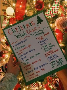 a christmas wish list is displayed in front of a decorated christmas tree