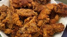 fried food on a white plate sitting on a table