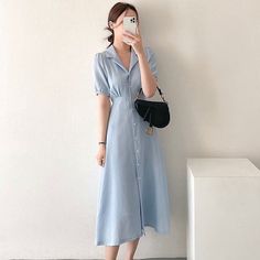 Summer Soft Bubble Sleeve Shirt Dress-Aria Doejay Shirt Dress Summer, Summer Soft, Dress Korean, Contemporary Dresses, Plain Dress, Bubble Sleeve, Dress Shirt Sleeves, Midi Short Sleeve Dress, Hijabi Fashion