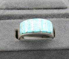 Turquoise  and Sterling Silver Inlay Ring Size 8 is 1/4" wide Luxury Sterling Silver Turquoise Inlay Ring, Luxury Sterling Silver Turquoise Ring With Inlay, Luxury Turquoise Inlay Ring In Sterling Silver, Rectangular Turquoise Rings For Anniversary, Rectangular Turquoise Ring For Anniversary, Anniversary Turquoise Rectangular Ring, Anniversary Rectangular Turquoise Ring, Rectangular Turquoise Jewelry For Anniversary, Rings Statement