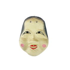 "Nice Japanese Omen papier-mache mask, hand-made and hand-painted, representing Okame, sometimes called Otafuku or Uzume, a beloved folk deity.  Okame represents a lovely and positive, always smiling Japanese figure who brings happiness and good fortune.  She is portrayed as a cheerful woman with a large, cherub-faced with dimples on her cheeks and smiling eyes. Associated with fertility, this good-natured character has a simple beauty and is believed to embody the qualities of an ideal wife.   She is also known as the Goddess of Mirth and is a very popular image in Japanese culture.  Otafuku literally means \"Much Good Fortune\", and Okame means \"Tortoise\", also a lucky symbol for long life.  Part of the Kyogen category of masks, this is a character used for the comic interlude in class Masks Japanese, Always Smiling, Smiling Eyes, Japanese Mask, Lucky Symbols, Always Smile, Simple Beauty, Good Notes, Bring Happiness