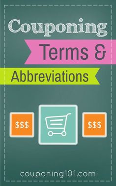 couponing items and abbreviations on a green background