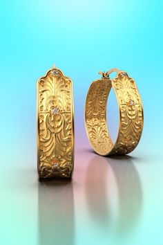 Italian Engagement Ring, Italian Gold Jewelry, Gold Diamond Hoop Earrings, Chunky Hoop Earrings, Big Hoop Earrings, Italian Jewelry, Solid Gold Earrings, Acanthus Leaf, Large Hoop Earrings