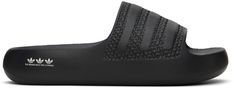 adidas Originals - Black Adilette Ayoon Slides Comfortable Black Slides With Textured Sole, Black Synthetic Slides With Textured Sole, Black Slides With Textured Sole, Black Textured Sole Synthetic Slides, Sports Sandals With Textured Sole And Synthetic Material, Black Slides With Textured Sole For Beach, Synthetic Sandals With Textured Sole For Sports, Black Flat Slides With Textured Footbed, Black Slides With Textured Footbed