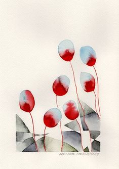 watercolor painting of red and blue flowers on white paper with black lines in the background