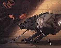 a man kneeling down next to a wolf with chains on it's legs and his face