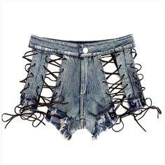 Bring style and comfortable wear to your summer wardrobe with these Cross Lace Up High Waist Hollow Out Women's Denim Shorts. Crafted with high-quality denim, the shorts feature a cross-lace-up design, a high waist fit, and a hollow-out construction for a unique look. Perfect for summer days. Designed by 4COLORDRESS Mini Denim Shorts, Cut Clothes, Ripped Shorts, Skirt Trends, Denim Shorts Women, Clothes Collection, Denim Pant, High Waisted Denim, Denim Fabric